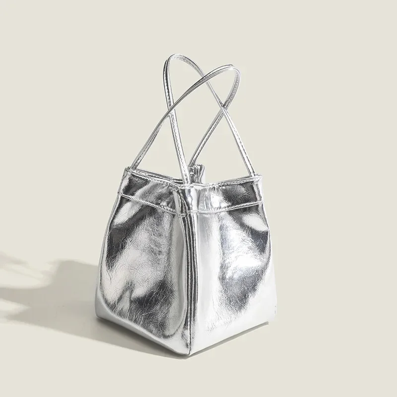 2024 Silver Bucket Bag Women Casual Retro PU Leather Handbag Ladies Luxury Shining Soft Small Square Evening Party Shoulder Bag