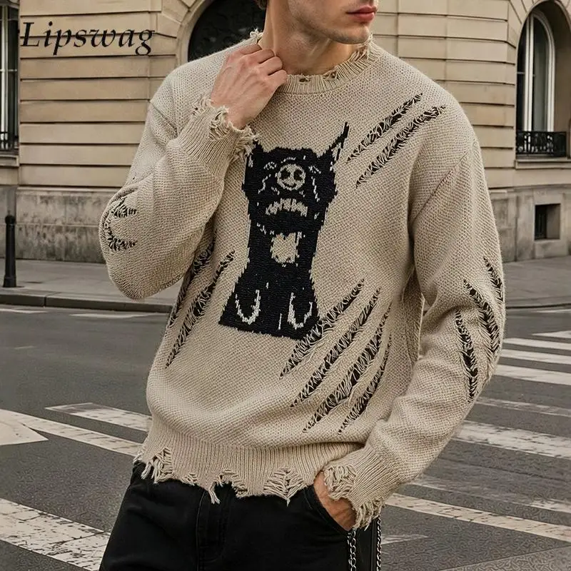 Fashionable Crew Neck Long Sleeve Tops Mens 2026 Autumn Warm Ripped Pattern Knitting Pullover Daily Outdoor Shirts For Male