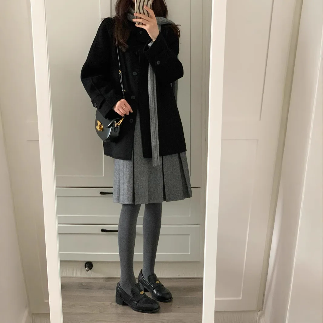 Grey Woolen Pleated Skirt Mid-skirt Autumn and Winter New Versatile A-shaped Skirt on Both Sides Women's High-end Sense