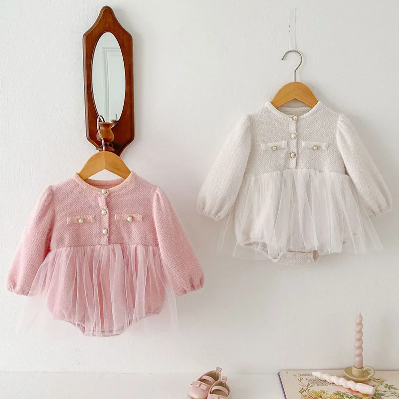 2024 New Autumn Baby Girls Clothing Toddler Baby Girls Romper Long Sleeved Mesh Splicing Infant Baby Girls Jumpsuit