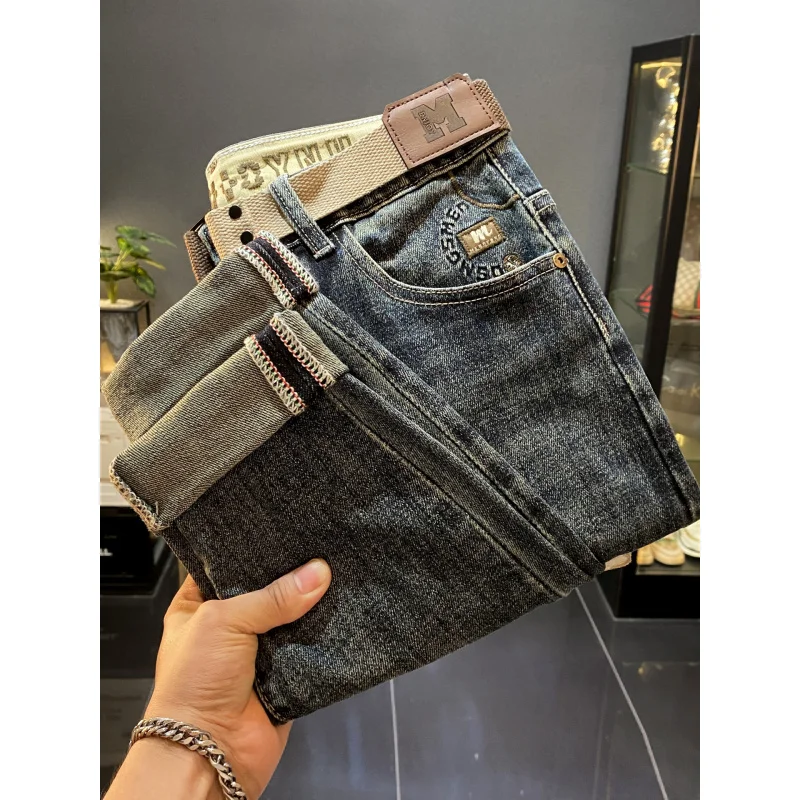 

Осень 2021, новый стиль в сочетании с джинсами с поясом, мужская модная тенденция, уличная повседневная маленькая нога, эластичные длинные брюки