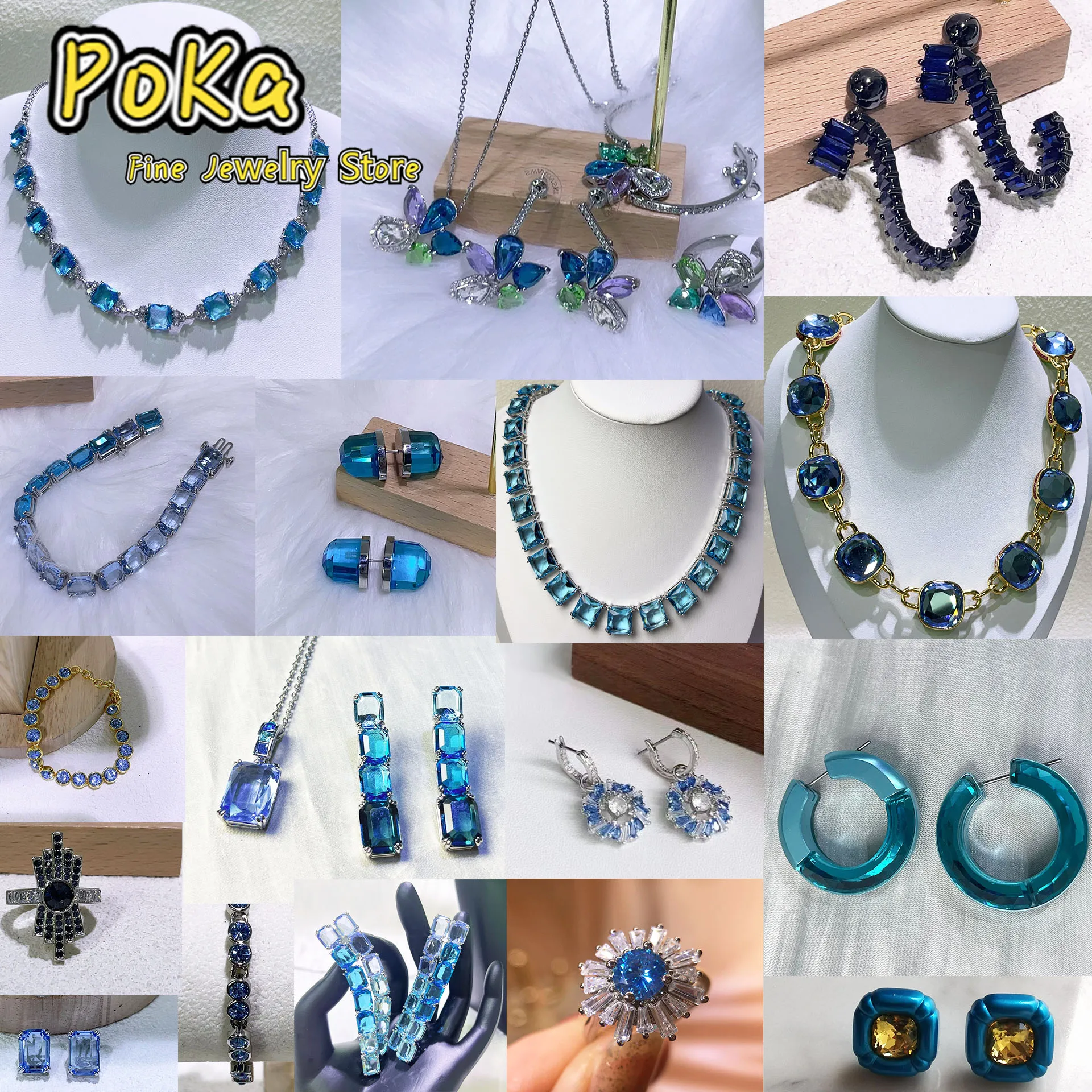 

Blue Hoop Earrings Jewelry Original Luxury Brand Exquisite Cute Charms Gifts Austrian Crystal Sets Necklace Bracelet for Women