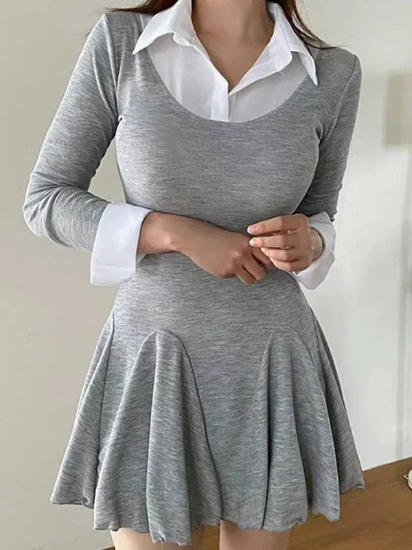 الخريف/الشتاء النسخة الكورية الجديدة بولو التلبيب التباين اللون فستان بكم طويل المرأة Cinching الخصر التفاف الورك فستان قصير F407 #1