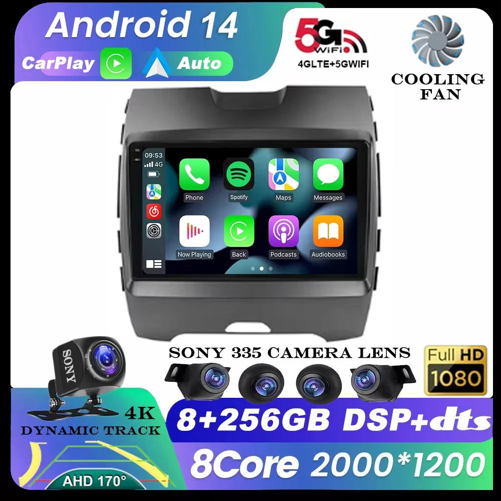 Android 14 Car Radio para Ford Edge, Auto Estéreo Multimídia, Leitor de Vídeo, Carplay sem fio, Navegação GPS, QLED, 2015, 2016, 2017, 2018