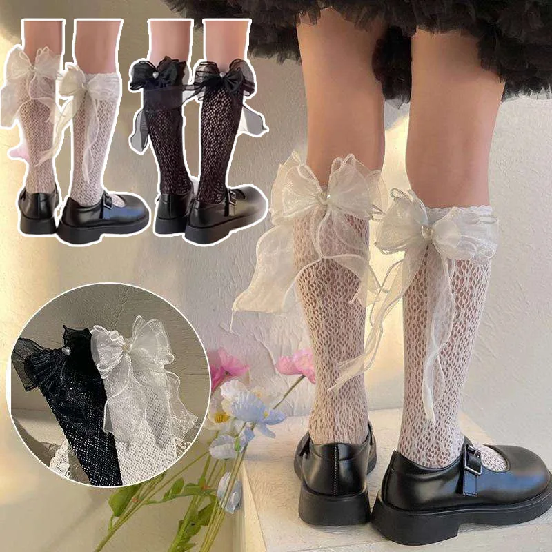 Baby Summer Thin Lolita Sock Lace Bowknot Stockings Girl Long Socks School Uniform Princess Calf Socks Kids Knee High Stocking