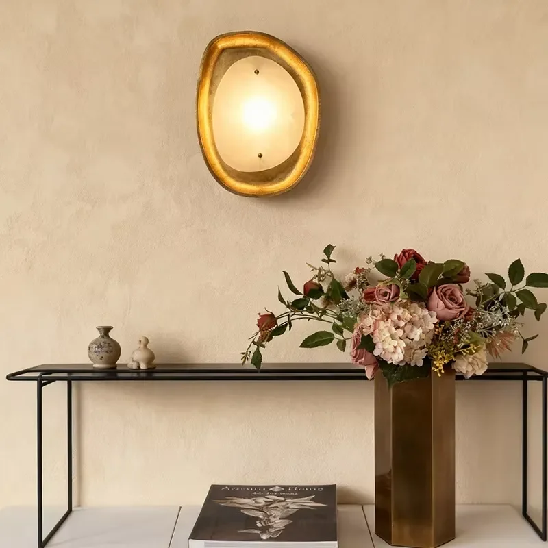 Copper Wall Sconce with Natural Marble Concave Shade LED Accent Light for Bedroom and Living Room-American Simple Style