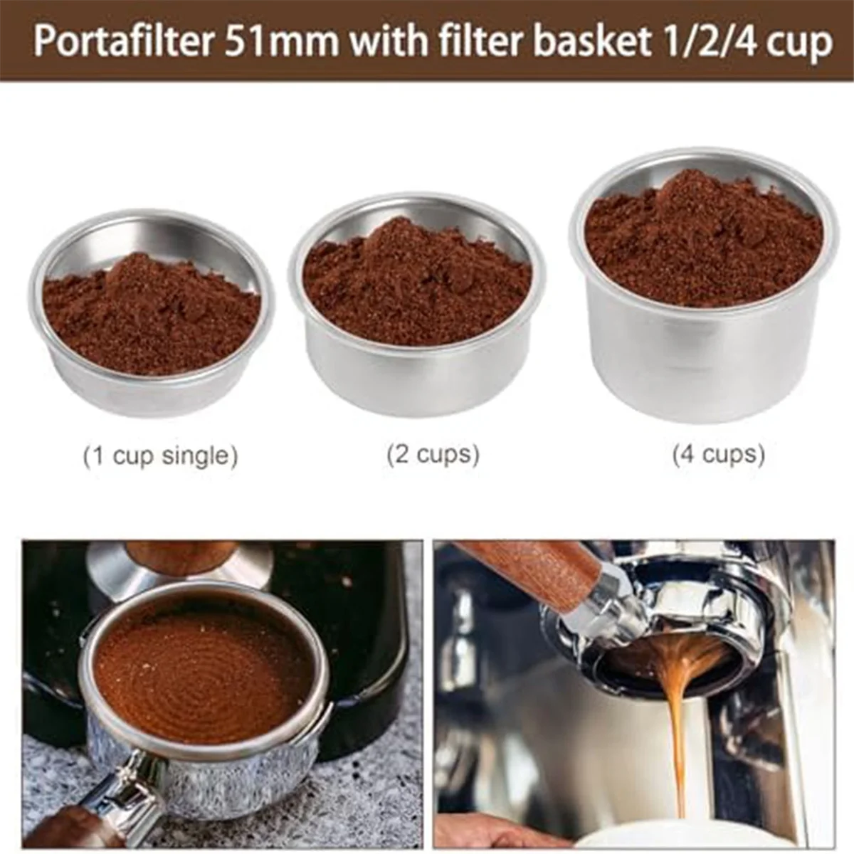 Portafilter 51mm with Filter Basket 1/2/4 Cup ,51mm Portafilter Stainless Steel Espresso Filter Basket Set Wood Handle