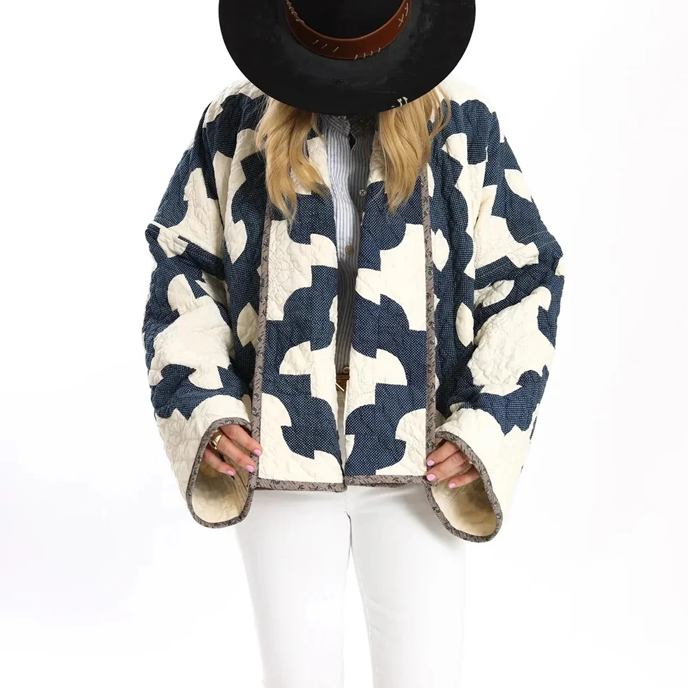 TWOTWINSTYLE Hit Color Loose Fashion Coat for Women Lapel Long Sleeves Patchwork Printing Elegant Jackets Female Clothing New