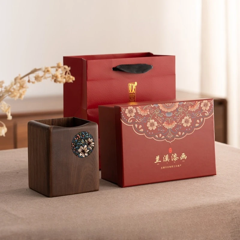 ✨ Hand-painted Pen Holder Gift Box, Solid Walnut High-end Lacquer Art , Elegant Business Gift for Teacher, Executive Desk Decor