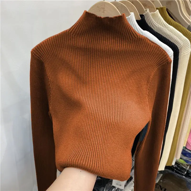 2025 outono inverno cor sólida camada base topos feminino malha quente grosso gola alta camisola estilo coreano mangas compridas pullovers