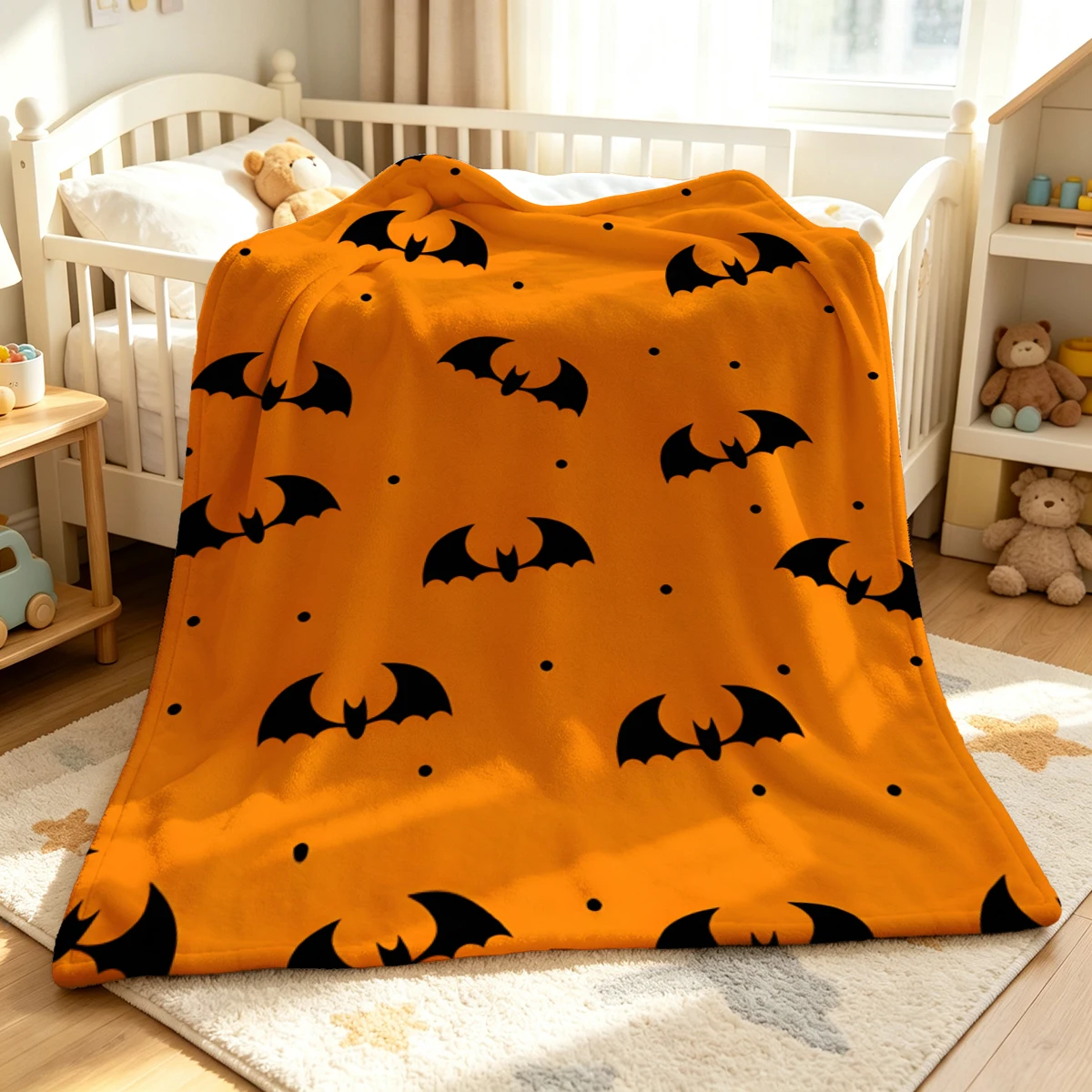 White Stars Orange Bats Soft Fluffy Flannel Blanket Super Cozy Lightweight Bed Blanket for Halloween Sofa Bed Christmas Decor