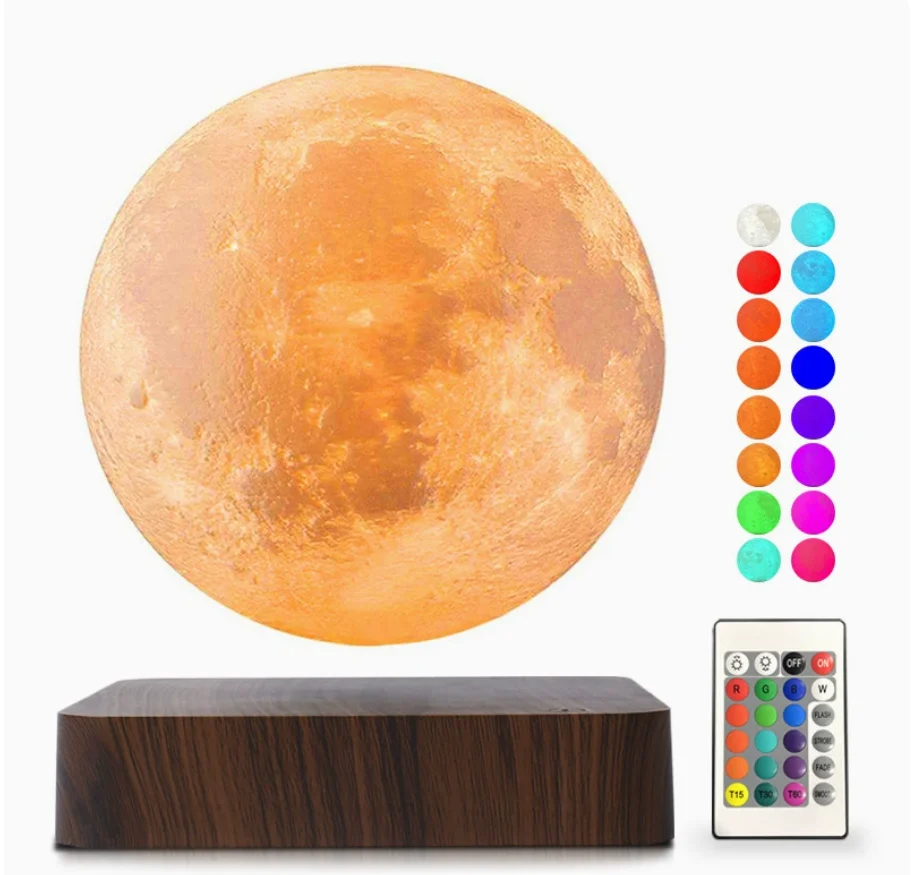 Moon Floating Lamp Levitating Moon Magnetic Floating Night Light 16 Colors Creative Table 3D LED Lamp with Wooden Base