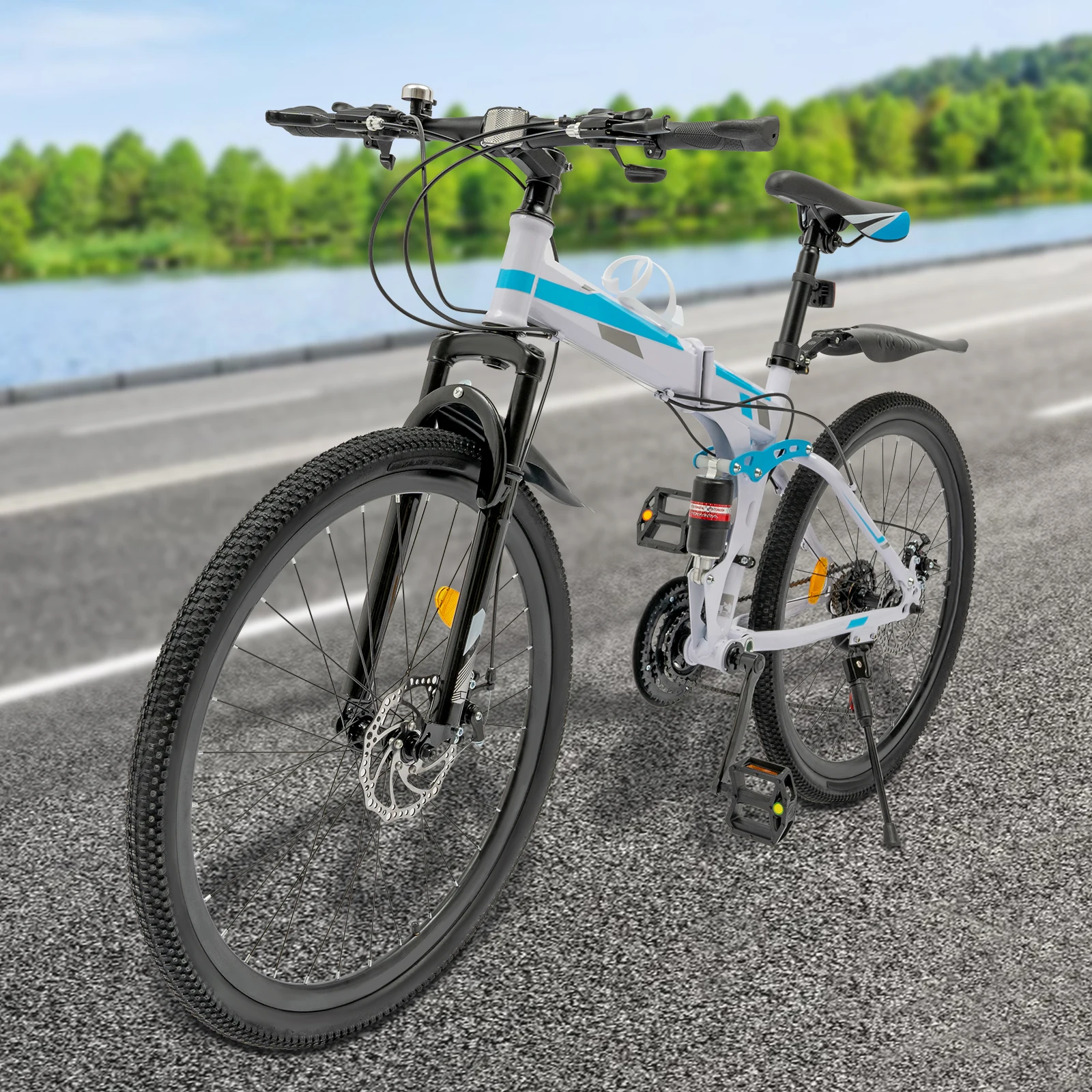 Mountain bike blu e bianco con accessori completi: sella ergonomica in spugna e cavalletto robusto, include manuale inglese