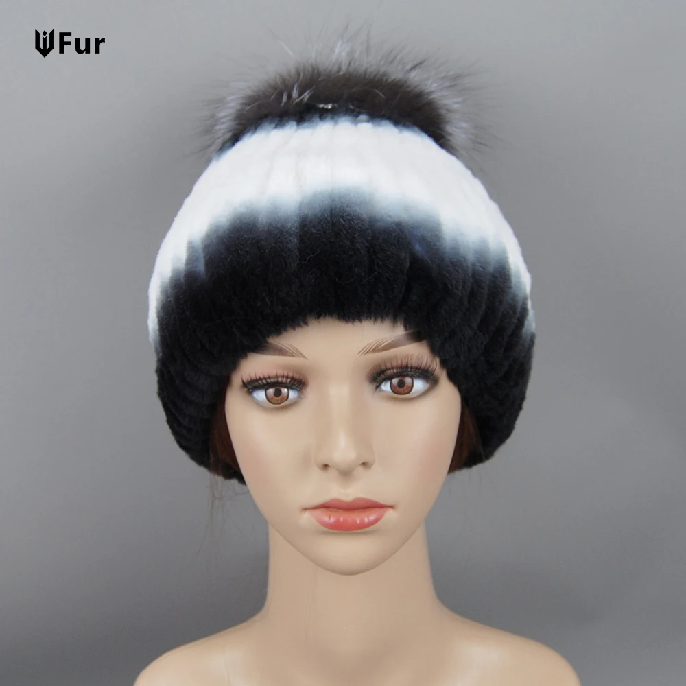 2024 Hot Russia Women Natural Real Fox Fur Beanies Hat Girls Natural Real Rex Rabbit Fur Skullies Cap Knit Winter Real Fur Hats