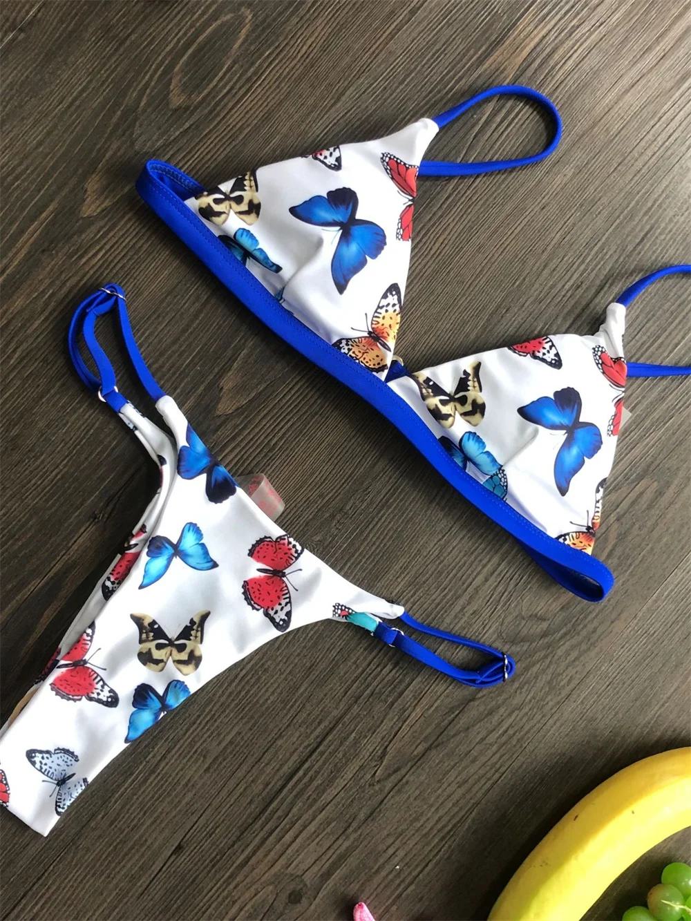 Maillot de bain triangle deux pièces pour femme, bikini papillon plus riche comme maillot de bain dos nu, string bleu, maillots de bain Y2K, tenue de plage trempée, vêtements de vacances