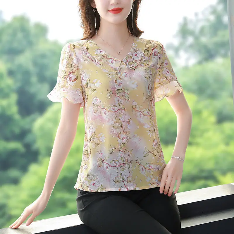 Female Clothing Turn-down Collar Fragmented Chiffon Shirt Women's Short Sleeve 2023 Summer New Blouse Loose Elegant Tops