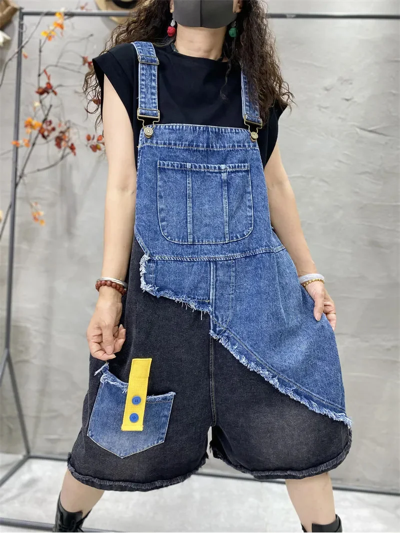 Denim Strap Pants Women's 2026 Summer New Waist Waist Slim Knee Pant Wide Leg Shorts Jumpsuit Jeans Female Blue Denim Pant Retro