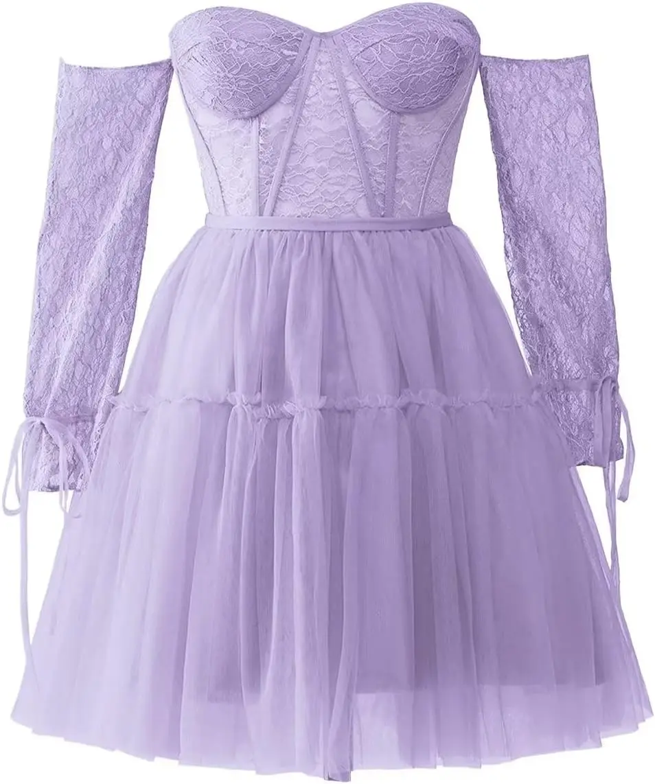 

Кружевные платья для встречи выпускников с открытыми плечами для подростков, короткие тюлевые платья для выпускного вечера, корсет, выпускное платье с открытой спиной, мини-платье