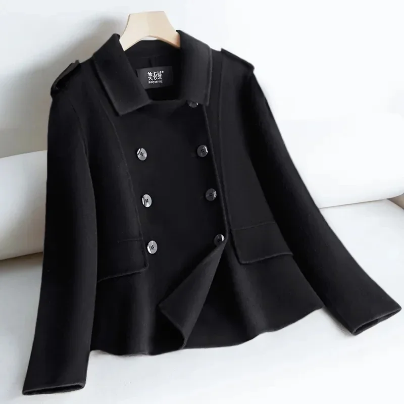 

Двустороннее шерстяное пальто для женщин, однотонное короткое маленькое двубортное тонкое весенне-осеннее шерстяное пальто