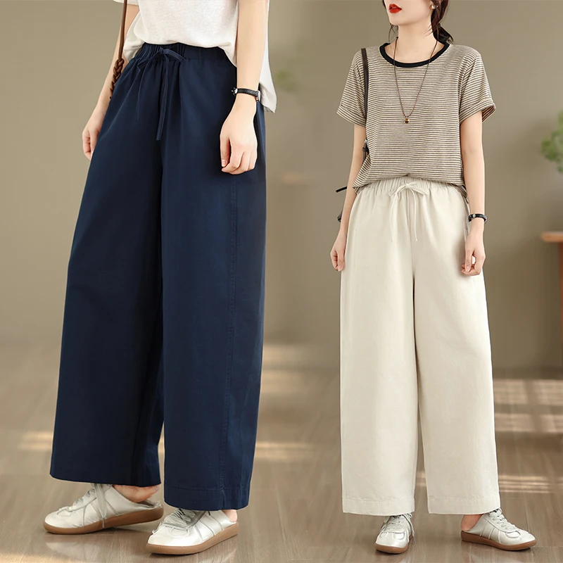 

Spring New plus Size Drawstring Wide Leg Pants Elastic Waist Hiding Hip Slimming Cuffed Cotton Sensation Casual Straight Leg ...