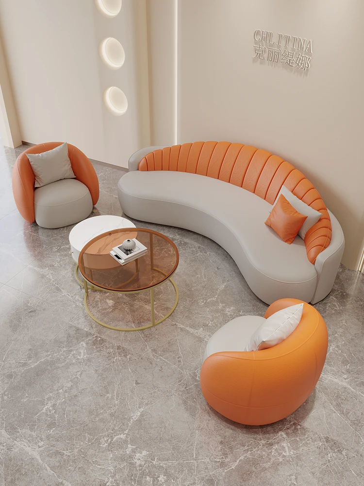 

New office sofa Lounge area Reception Light luxury clothing Store Hotel lobby small curved sofa orange