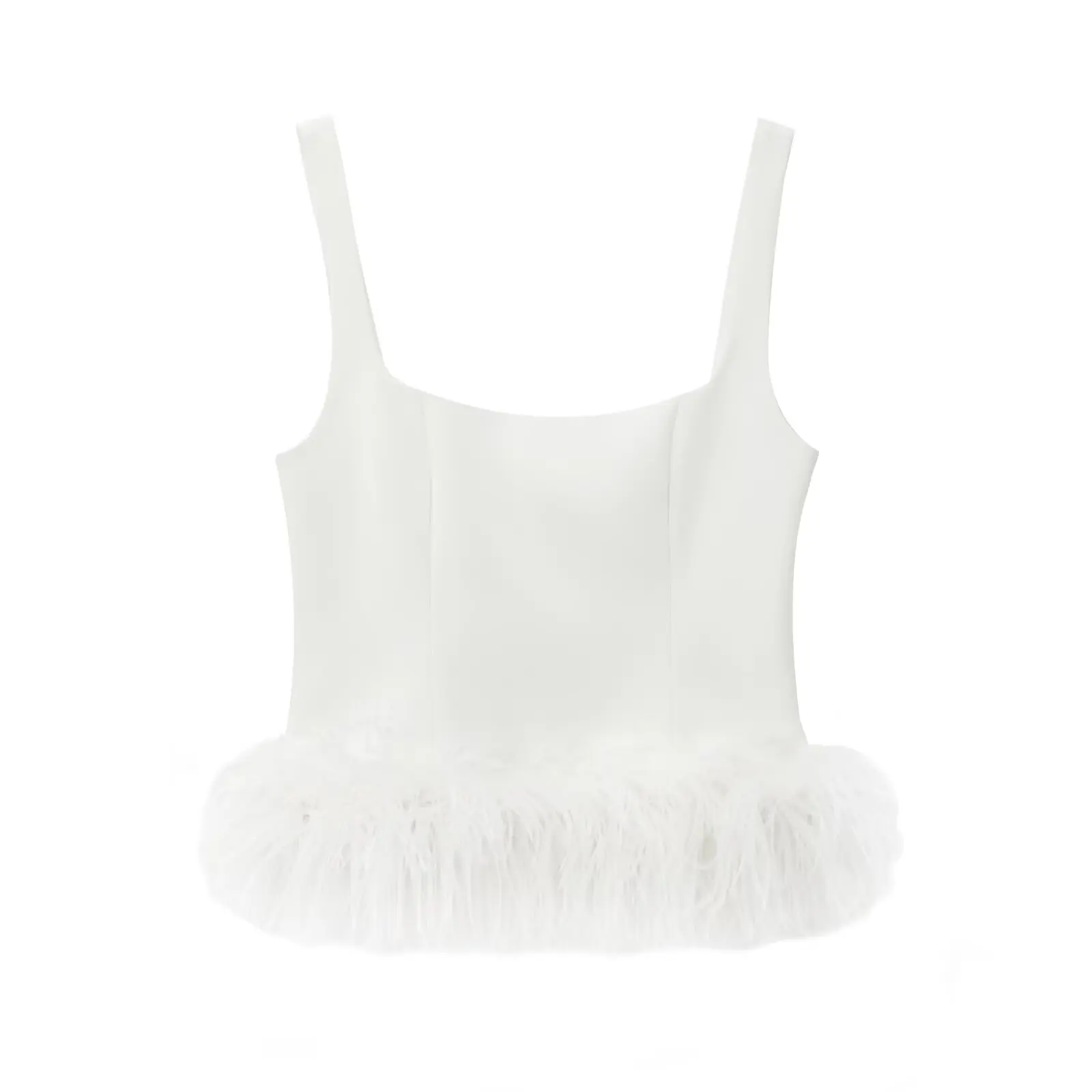 

TRAFZA Female High Street Tanks Tops White Square Collar Sleeveless Backless Feather Decoration Summer Tops Woman Trendy