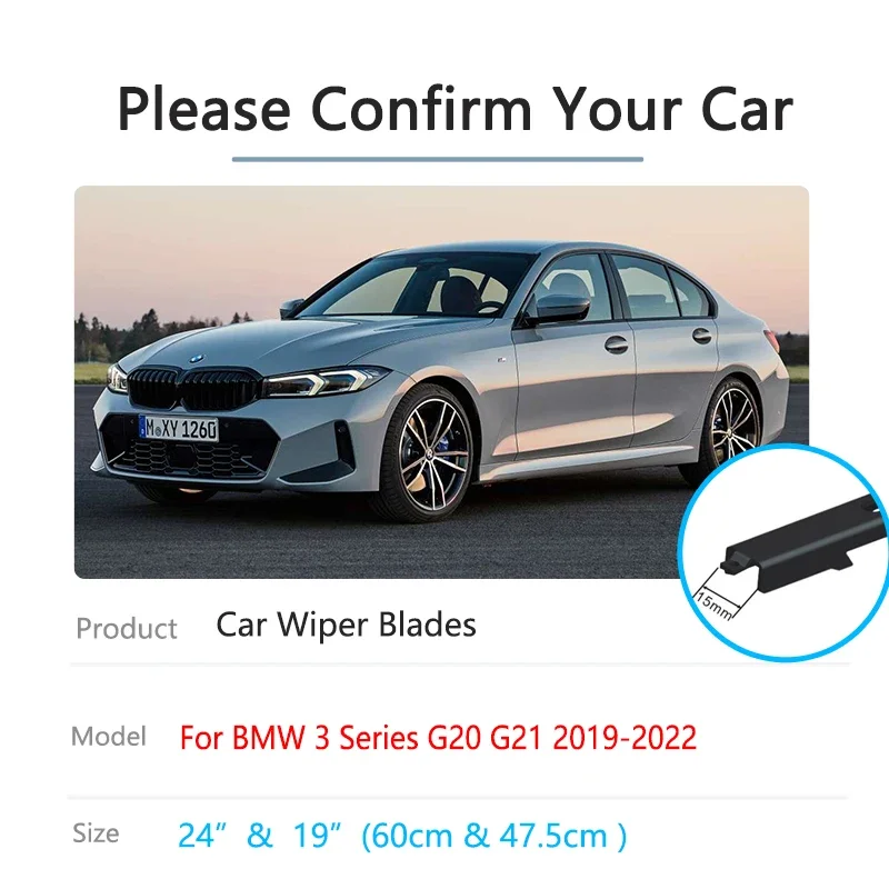 For BMW 3 Series G20 G21 2019 2020 2021 2022 Front Wiper Blades Window Windshield Windscreen Boneless Frameless Rubber Accessory