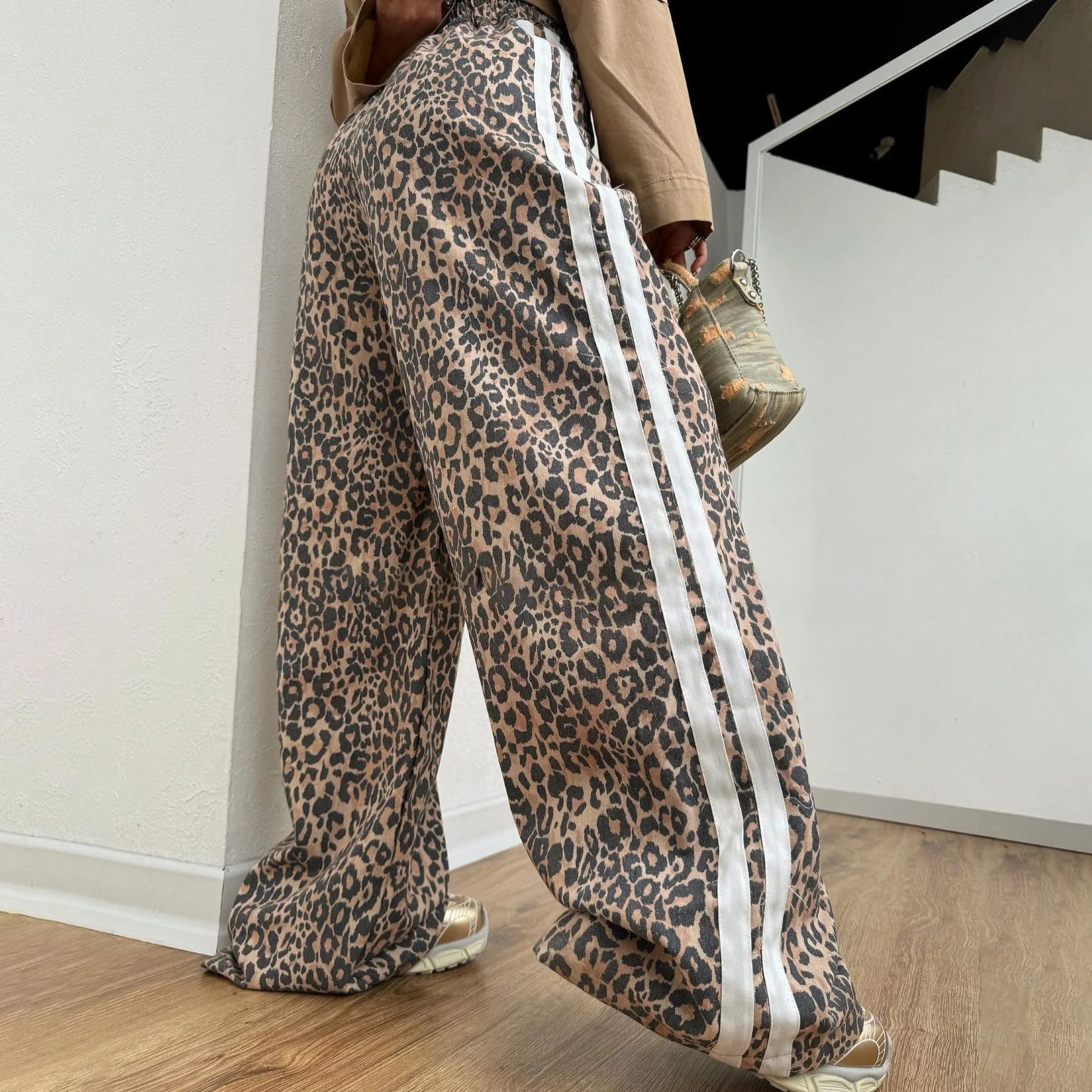 2025 Summer New High-end Leopard Print Patchwork Striped Floor Length Casual Pants for Women
