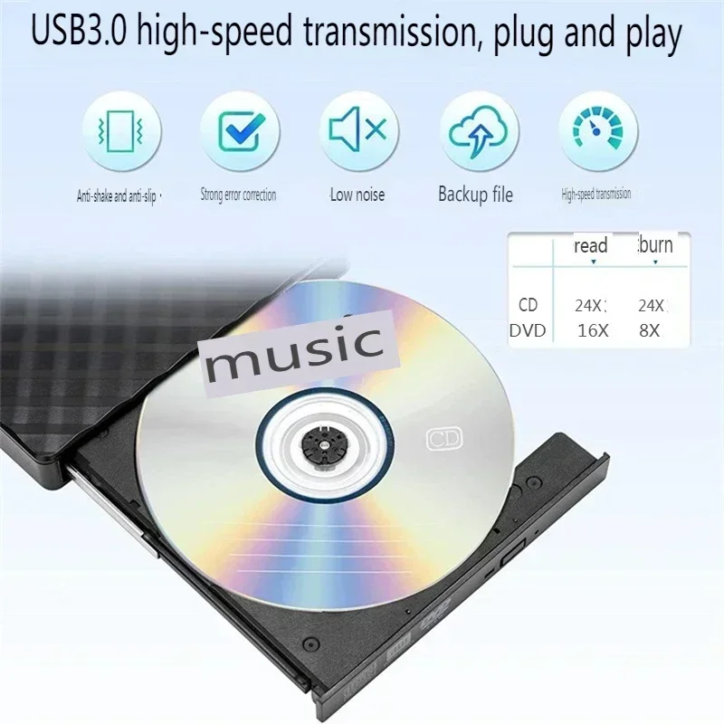 スリム外部DVD RWバーナー、CDライター、ドライブプレーヤー、ラップトップ用オプティカルドライブ、PC、USB 3.0、タイプC、2in 1