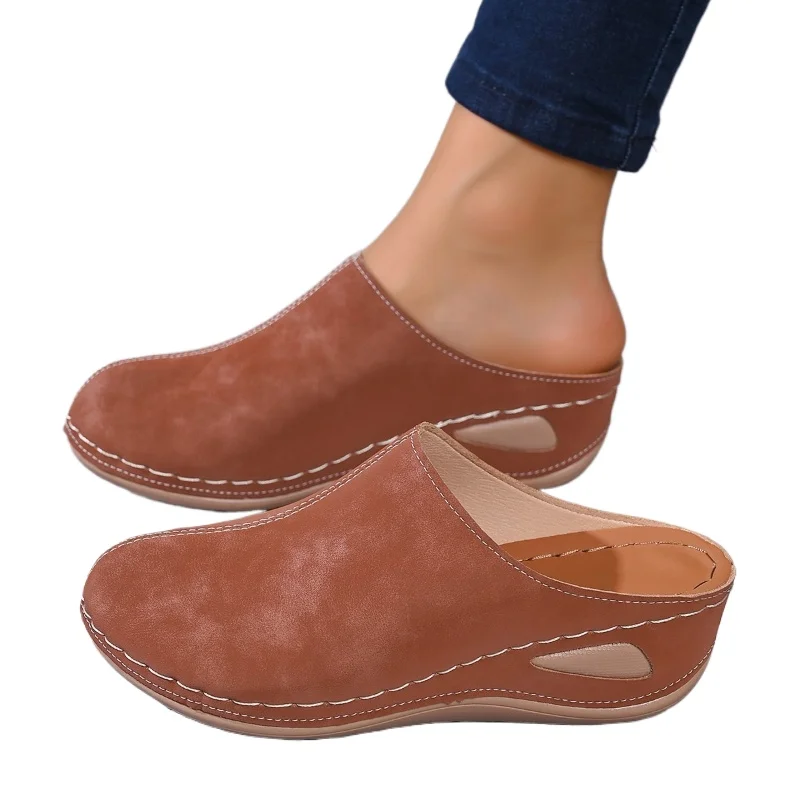 

2026 Spring New Baotou Slippers Round Toe Deep Mouth Platform Sole Non-slip Casual Wedge Stitching Wear-resistant Women's Shoes