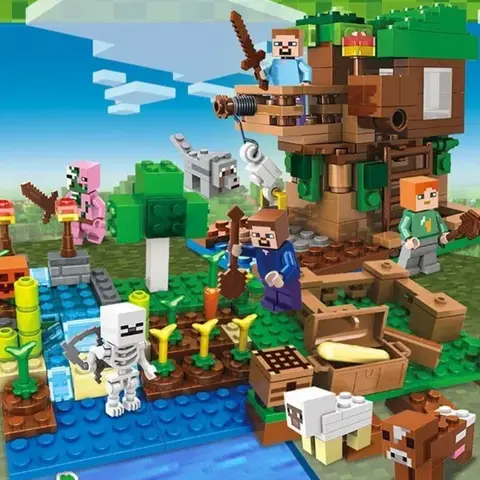 만화 TreeHouse 마을 농장 동굴 광산 빌딩 블록 어린이를위한 장난감 선물