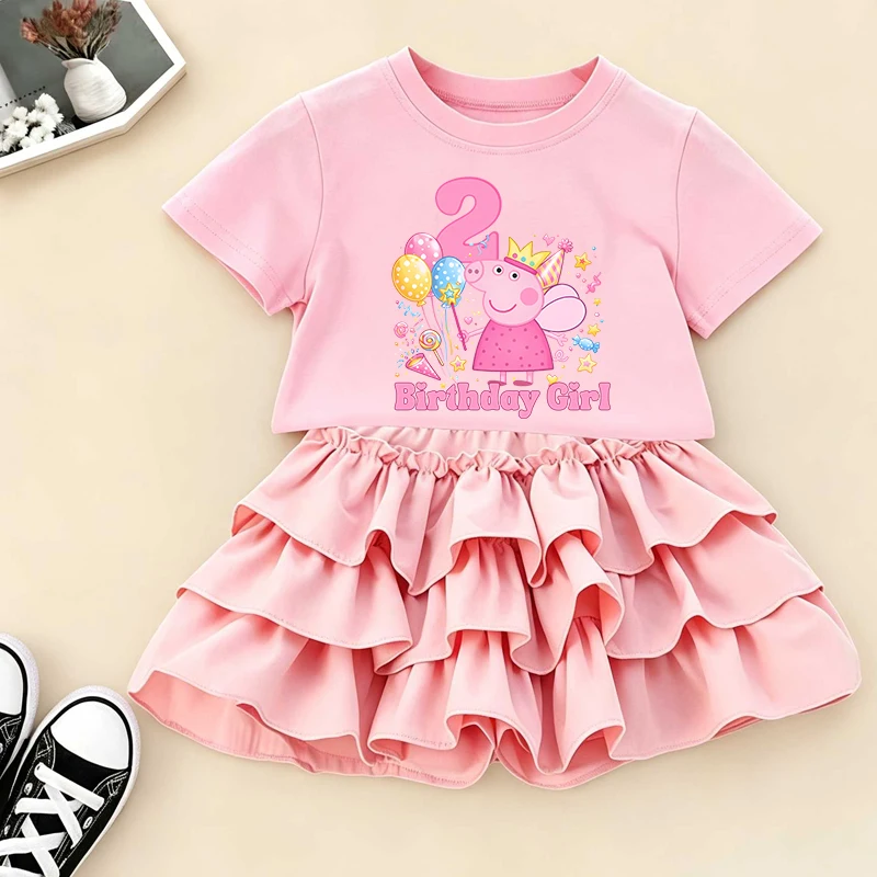 Peppa Pigs Mädchen-T-Shirt + kurzer Rock-Set, Geburtstagsparty, Kawaii-Anime-Kleid, schlankmachender, trendiger Faltenrock, Kinder- und Babykleidung