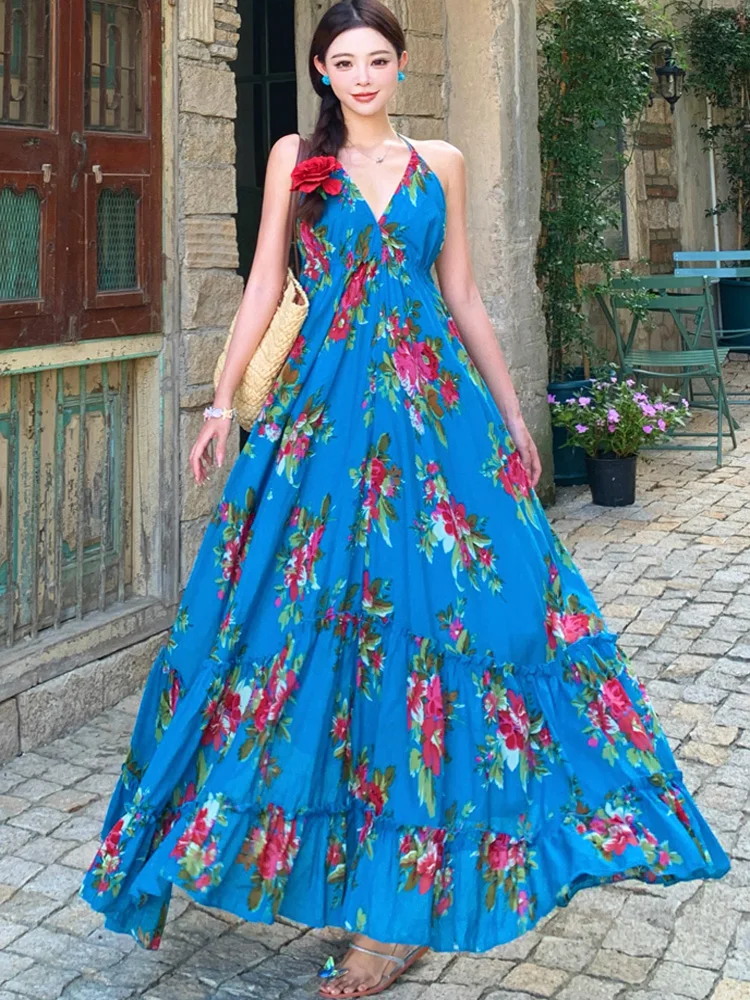 패션 여름 여성 Boho 블루 꽃 맥시 드레스 섹시한 오프 어깨 Backless 여성 v-목 캐주얼 파티 비치 드레스 가운