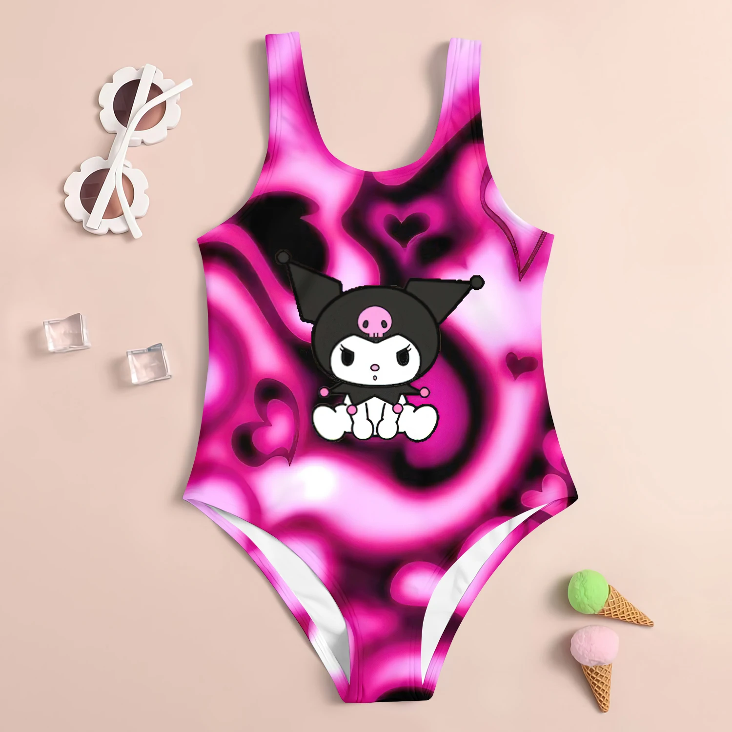 24 Miniso Cute Children\'s One-Piece Swimsuit Kuromi 3d Printed Girl Women\'s Swimsuit Soft Breathable Kids Summer Seaside Clothes