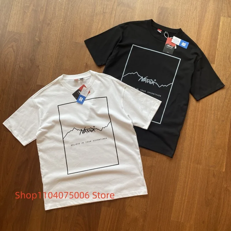 Soft Cotton T-Shirt Men Nanga Minimal Frame Mountain Print Loose Outdoor Casual Top