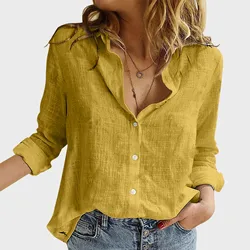 Women'S Oversize T-Shirt Womens Linen Shirts Casual Long Sleeve V Neck Blouse Shirt Button Down Ladies Office Work Loose 반팔셔츠