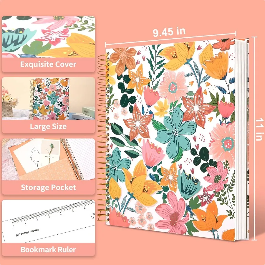 Hardcover Spiral Notebook College Ruled Aesthetic Spiral Notebook Journal with Large Pockets Note Book for Note Taking Work Wom