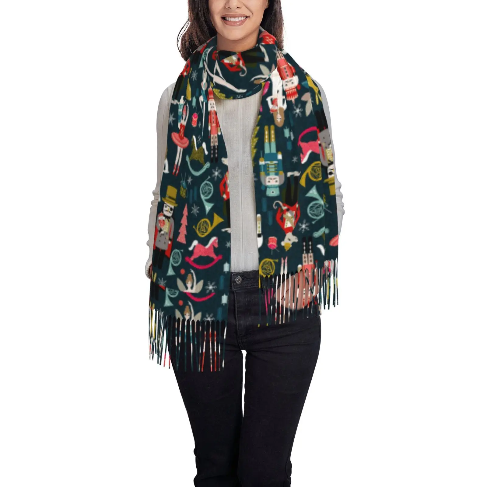 Women Vintage Wildflower Pattern Scarf, Soft Warm Tassel Shawl, Boho Floral Wrap for Autumn Daily & Travel