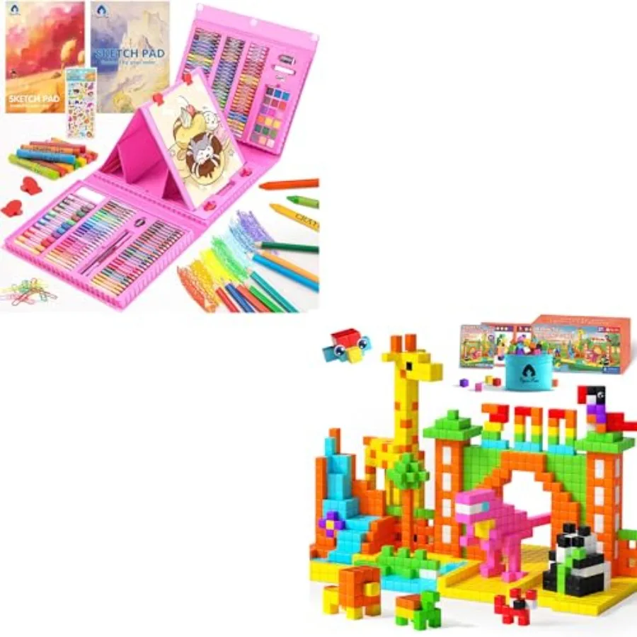 

Art Supplies, 240-Piece Art Set Crafts Drawing Kits Pink and 65 PCS Magnetic Blocks Set (Bright Color)