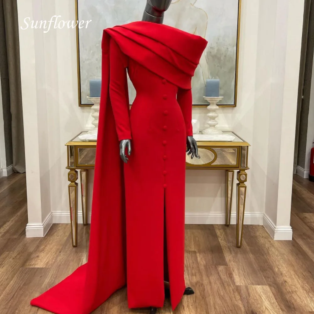 Sunflower Exquisite Red V-Neck Satin Evening Dress 2023 Simple Slim Long Sleeve Mermaid High-end Custom Prom Gowns Floor-Length