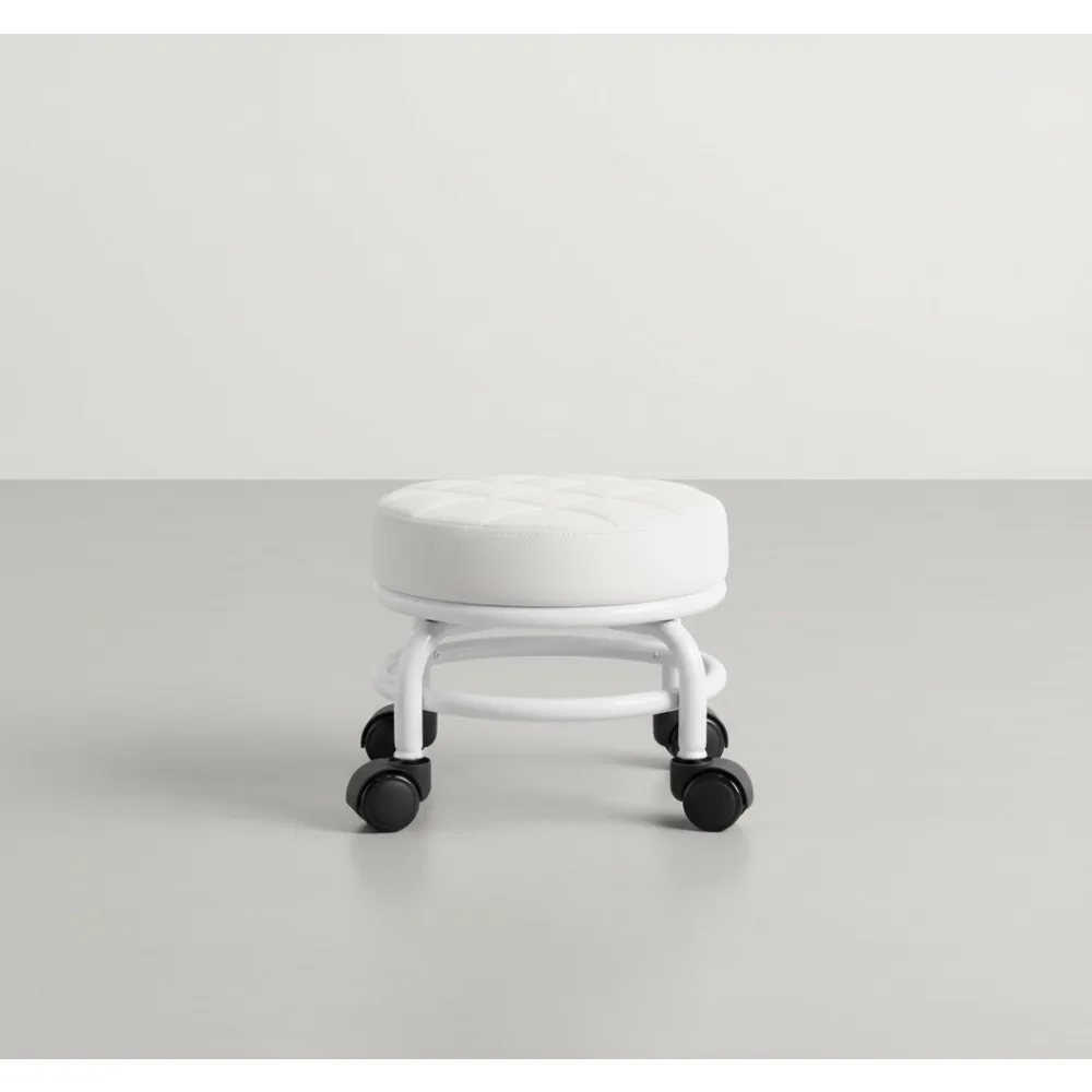 

Low Rolling Stool PU Leather Step Stool on Wheels for Home Office Garage Mechanic Yoga White