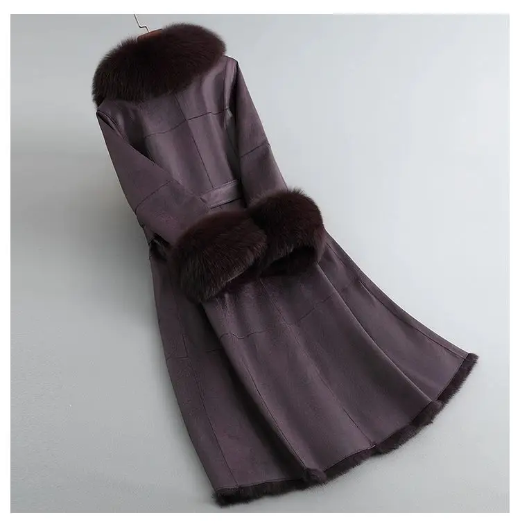 2023 New Rabbit Fur One Piece Coat for Women Mid length Fox Fur Collar Lace up Slim Fit Haining Fur Coat for Women