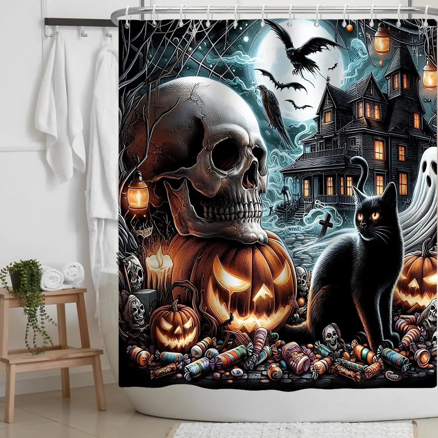 

Ночная занавеска для душа на Хэллоуин, дом с привидениями, лунная ворона, ночь ужасов, черная тканевая занавеска для душа, аксессуары для ванной комнаты 72x7
