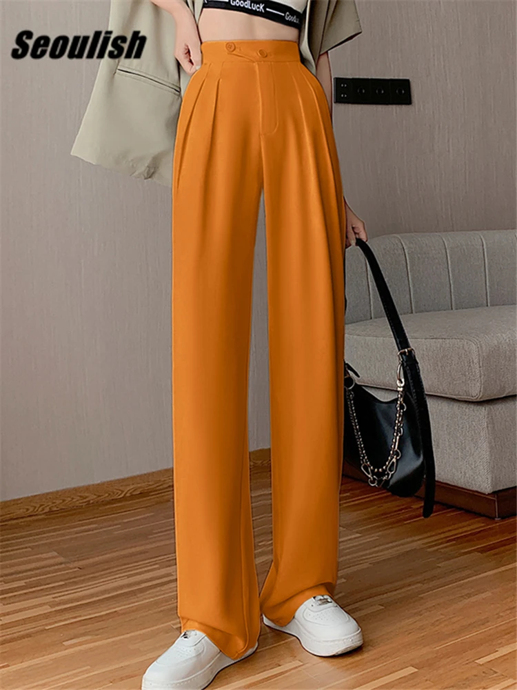 Seoulish Summer High Waist Solid Wide Leg Women\'s Pants 2022 New Buttons Female Elegant Minimalism Straight Loose Trousers