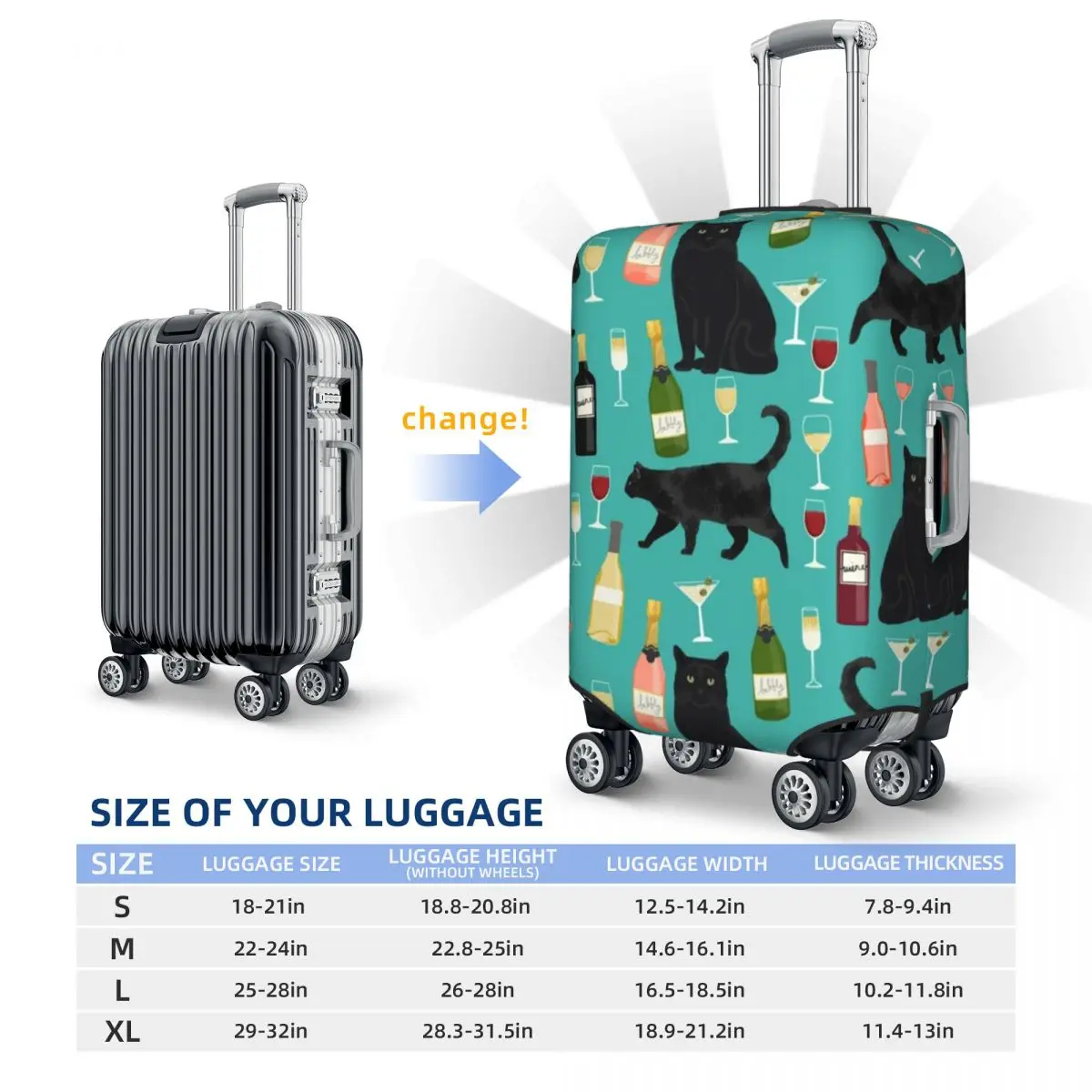 Colorful Wine Print Suitcase Cover Holiday Funny Black Cat Elastic Luggage Case Travel Protector