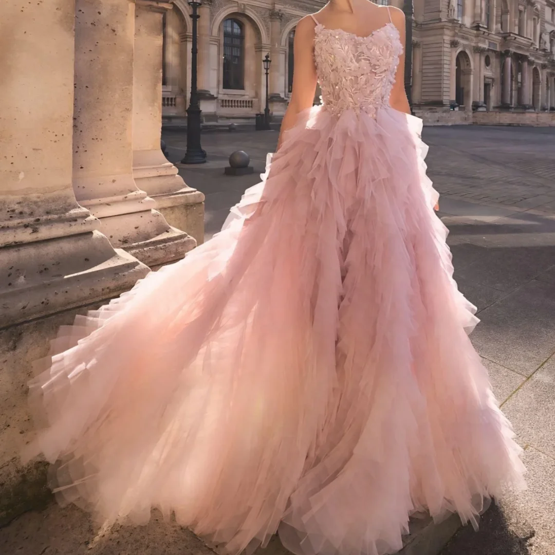 

Dreamlike Pink Ruffles Tulle Wedding Gown Bridal Photoshoot Dress Lace Soft Tulle Cascading Evening Party Dresses Formal Dress