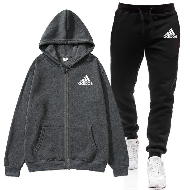 Conjunto de treino com capuz de 2 peças masculino, Hoodies com zíper, Running Sportswear, moletom e calças com cordão, esporte masculino, marca, outono, inverno