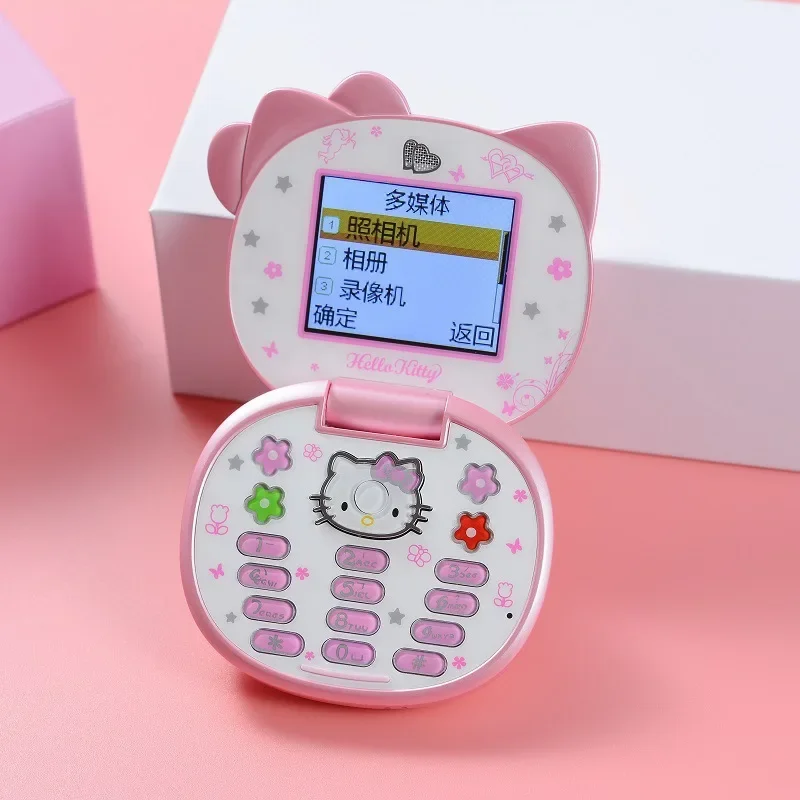 New Kawaii Sanrio Hello Kitty Flip Phone Cartoon Cute Children White Pink Mini Phone Children Christmas Gifts Fashion Model Toys