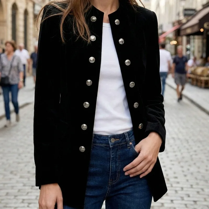 High-quality Black Suit Jacket with A Round Neck, Cinched Waist Double-breasted Buttons for Women's Elegance in Autumn Fashion.