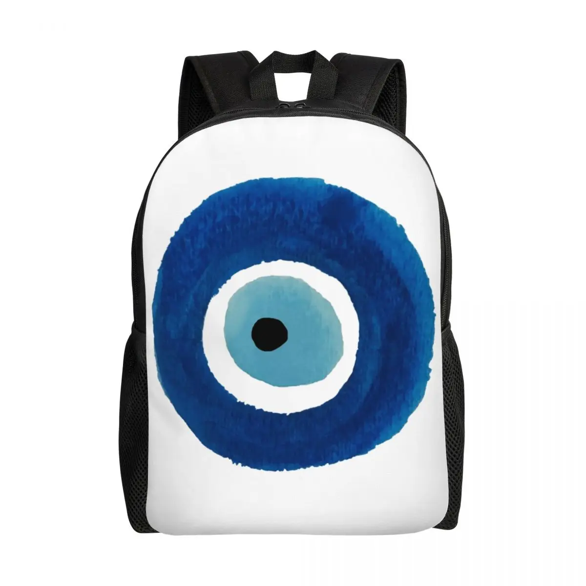 Sac à dos bleu marine et blanc pour ordinateur portable de 16 pouces, sacoche de voyage style bohème, avec motif de mandala mauvais œil méditerranéen